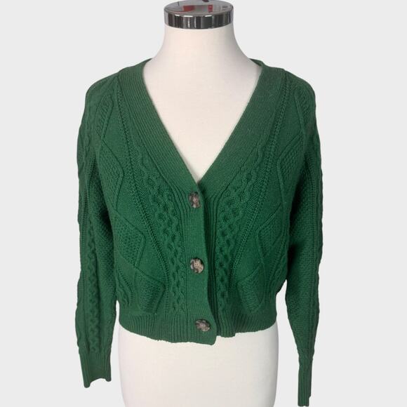Madewell Sweaters - Madewell Cable Knit Crop Green Cardigan 3 Button V Neck Sweater Wool Blend